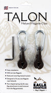 Talon Halyard Flagpole Clips in their retail packaging, featuring two bronze talons with pear-shaped metal carabiners and a small hex key on a white backing card with Eagle Mountain branding.
