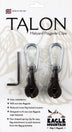 Talon Halyard Flagpole Clips in their retail packaging, featuring two bronze talons with pear-shaped metal carabiners and a small hex key on a white backing card with Eagle Mountain branding.