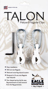 Talon Halyard Flagpole Clips in white with pear shaped spring clips, shown on their retail backing card with an included black wrench and product text details.